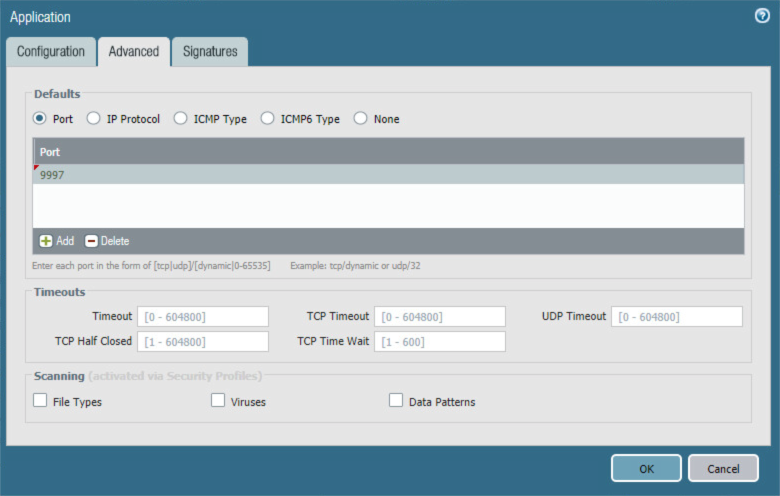 MobileIron application port settings for port 9997, including timeouts.