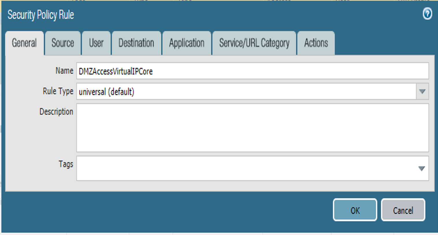 Security policy rule for DMZ access to the virtual IP core.