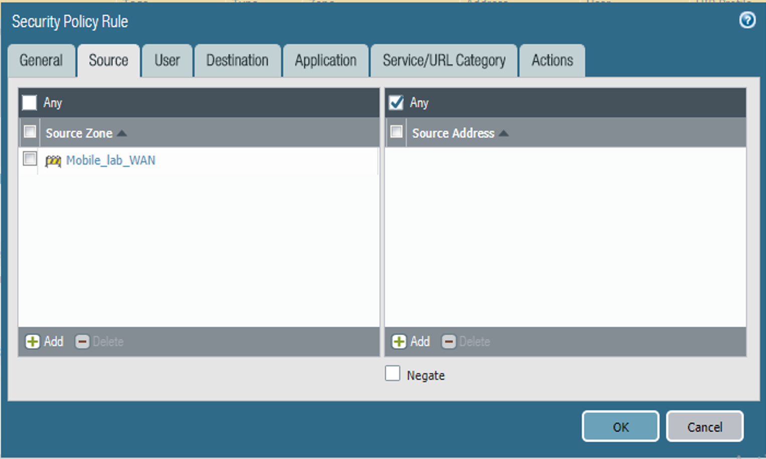 Security policy rule for mobile lab WAN, including source zone and source address.