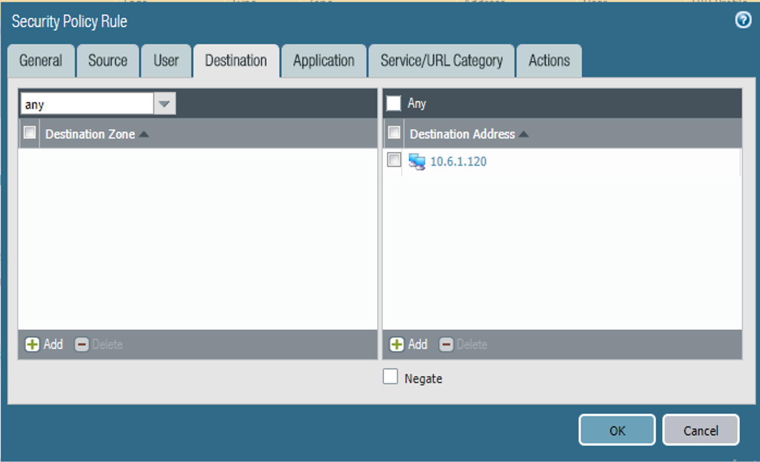 Security policy rule for the destination tab, including destination zone and address.