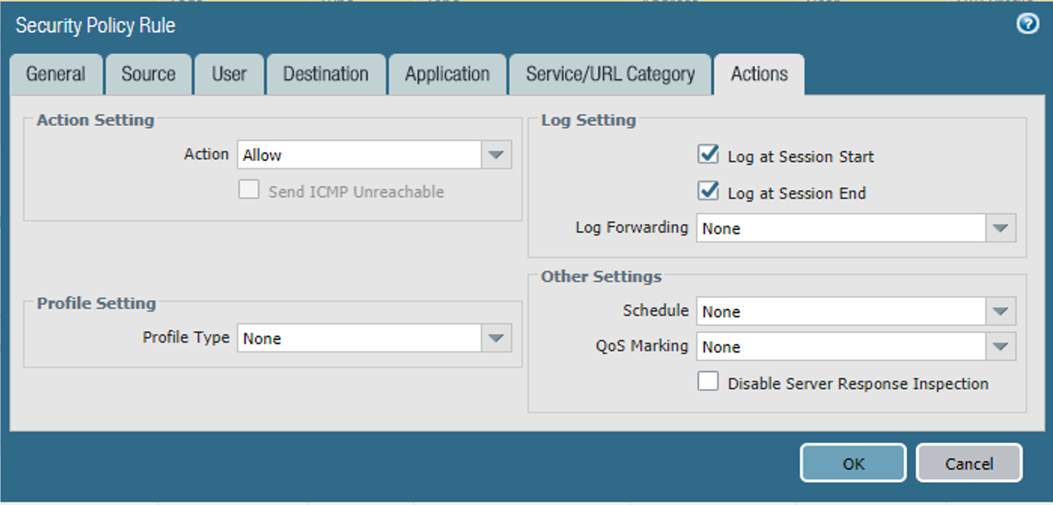 Actions tab for security policy rule, including log settings.