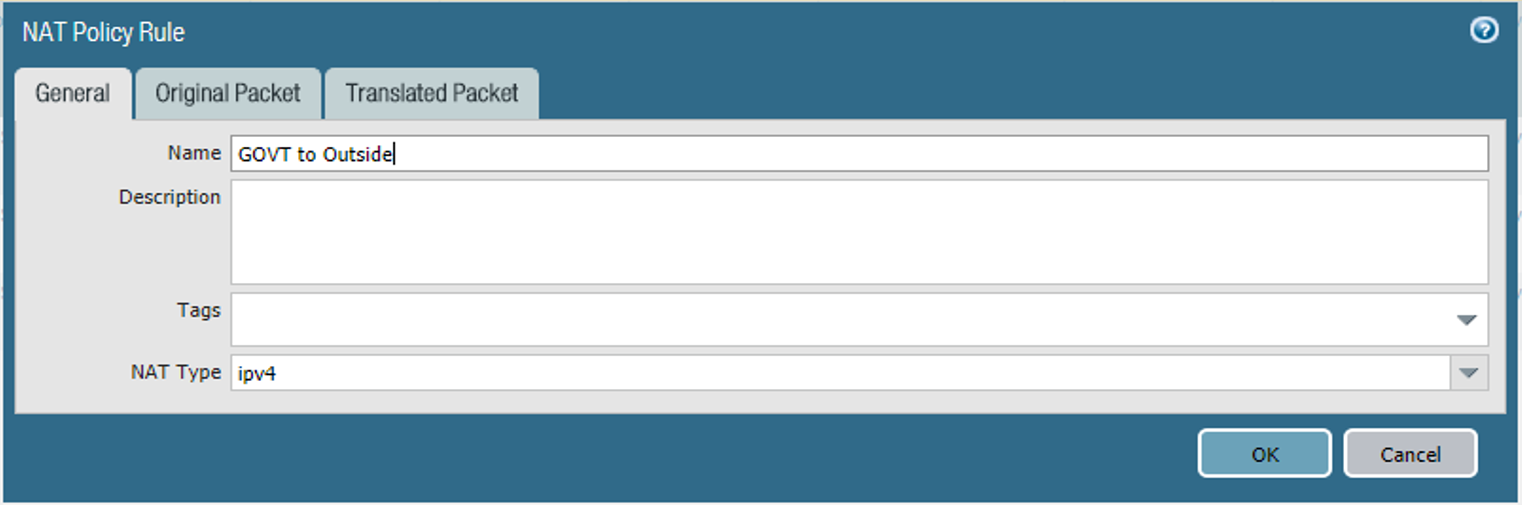 Outbound NAT rule settings to GOVT to Outside addresses.