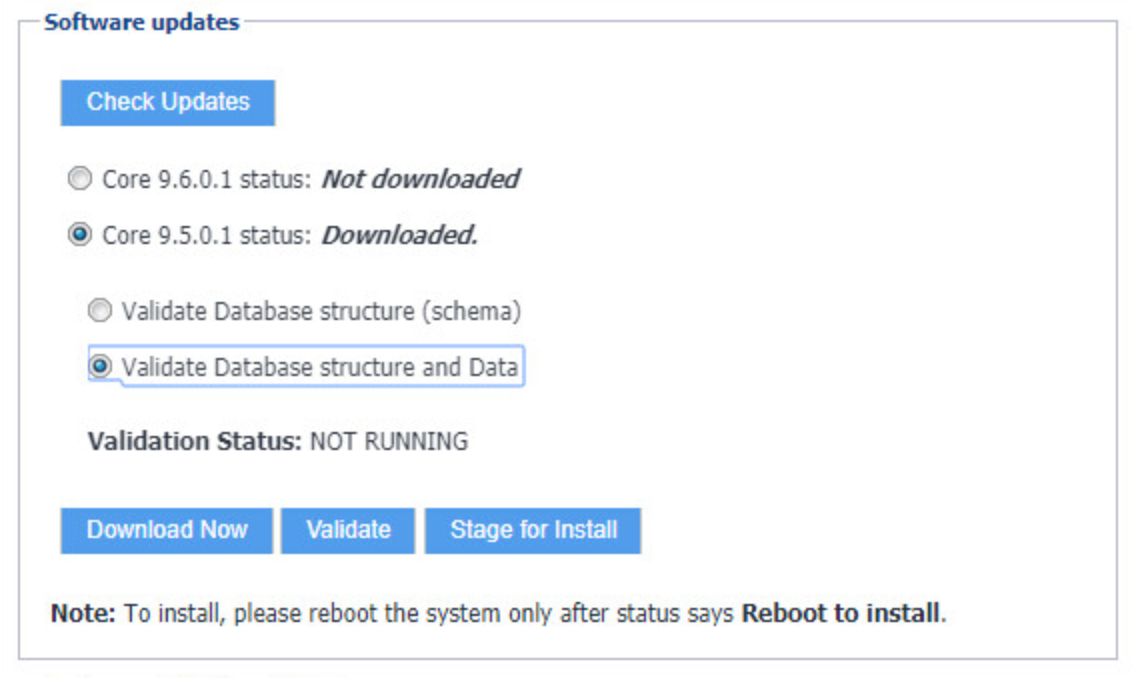 MobileIron Core System Manager > Mainenance > Software Updates Shows options to validating a software download, with Core 9.5.0.1 and 'Validate Database Structure and Data' currently selected.
