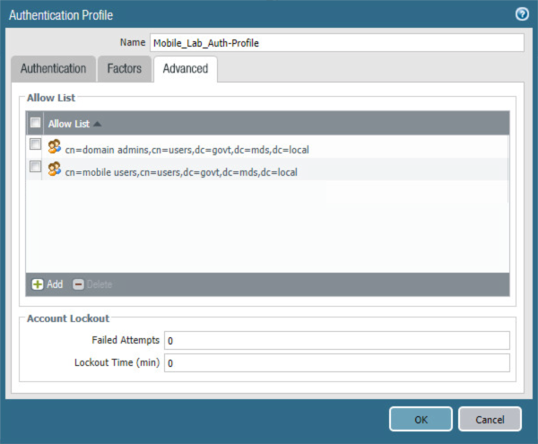 Authentication profile advanced tab settings, including the allowed list.