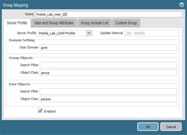 Server profile settings including the server and domain settings.