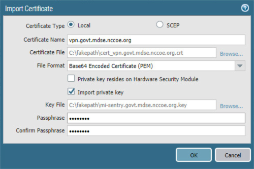 Certificate type, including certificate name settings.