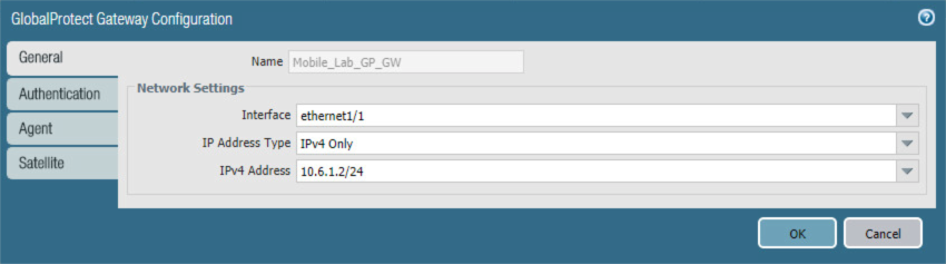 General gateway configuration settings including interface and IP address type.