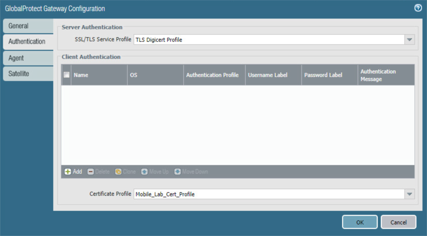 Authentication settings, including authentication profile and username label.