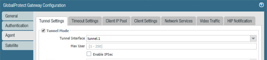 Tunnel settings including tunnel mode option.