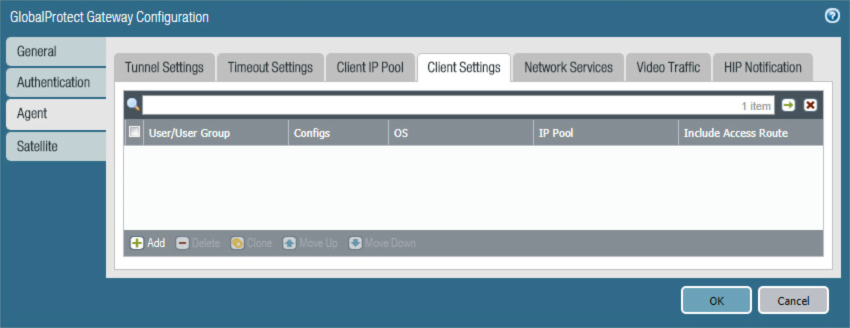 Client settings including user and user group.
