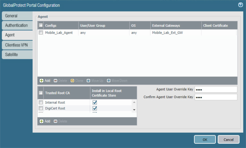 Agent settings including trusted root CA options.