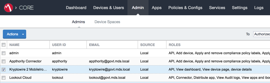MobileIron > Admin > Admins Shows the list of administrative MobileIron accounts the 'Kryptowire 2 MobileIron API' user account highlighted.