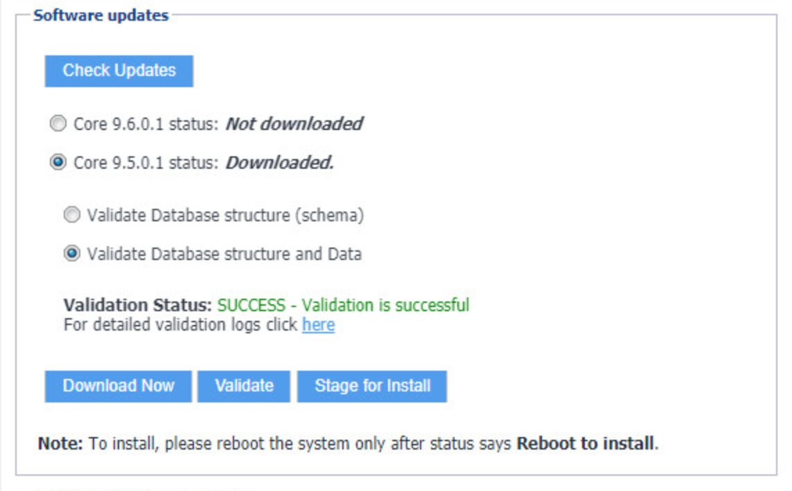 MobileIron Core System Manager > Mainenance > Software Updates Shows the results of software validation for the Core 9.5.0.1. software update against the current database structure and data.