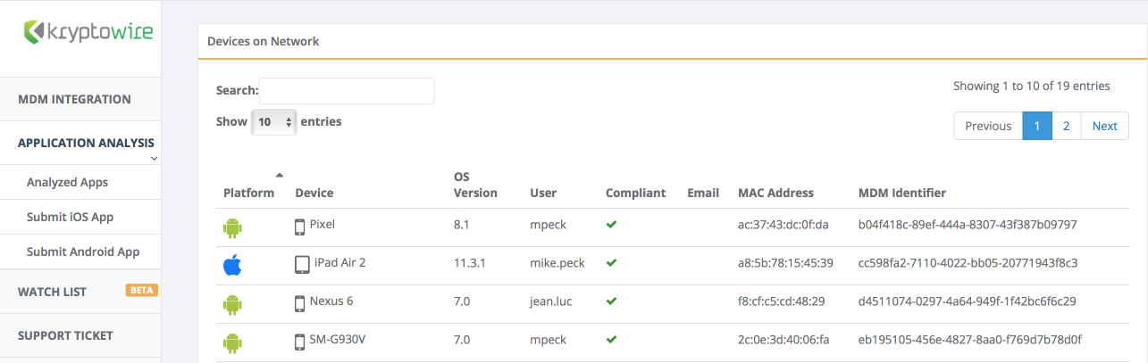 Kryptowire Portal Displays MobileIron-managed mobile devices synchronized through Kryptowore EMM+S and MobileIron integration.