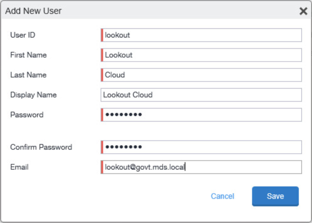MobileIron: Add New User Dialog Shows the Add New User form dialog. Prompts the user to provide a User ID, First Name, Last Name, Display Name, Password, Confirm Password, and Email for the new user. Displays data for creating a new user for integration with the Lookout MTP cloud service.