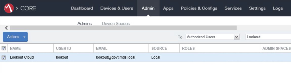 MobileIron > Admin > Admins Displays the list of local administrative accounts, with the 'Lookout Cloud' account highlighted.