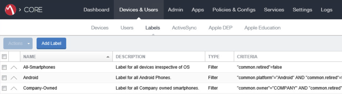 MobileIron > Devices & Users > Labels Displays the list of MobileIron labels and the control for creating a new label.