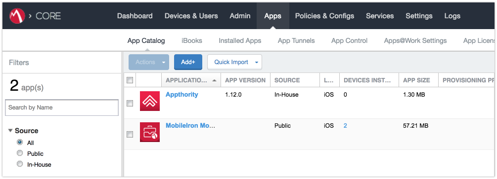 Displays the curret App Catalog and the control to add a new app.