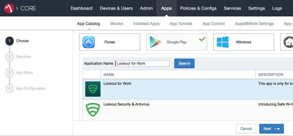 Displays search results of Lookout for Work from the Google Play store.