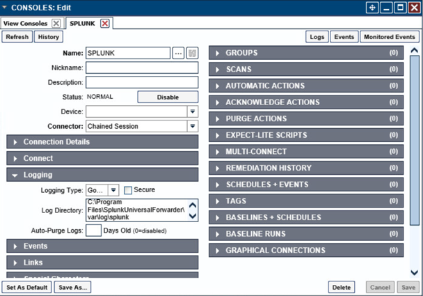 Depiction of ConsoleWorks configuration for the server at University of Maryland - creating Splunk console