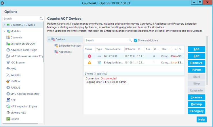 Depiction of Forescout CounterACT configuration - connecting with Enerprise Manager-e