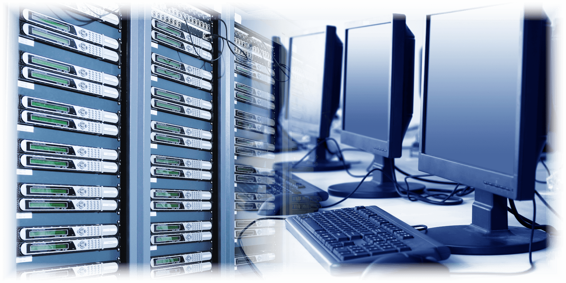 A collage of photographs of computer servers and workstations.