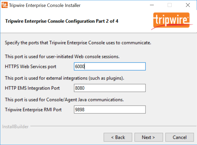 A screenshot of previously defined parameters from Step 18 of Tripwire Enterprise Console Installation.