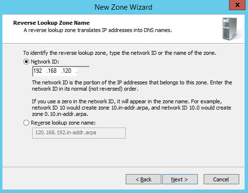 A screenshot of previously defined parameters from Step 13 of DNS Server Reverse Lookup Zone Configuration.