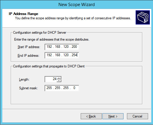 A screenshot of previously defined parameters from Step 8 of DHCP Scopes Configuration.
