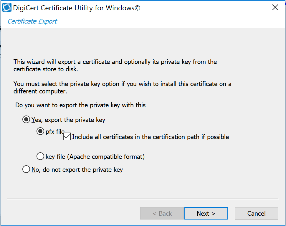 A screenshot of previously defined parameters from Step 4 of Import and Export the Signed Certification.