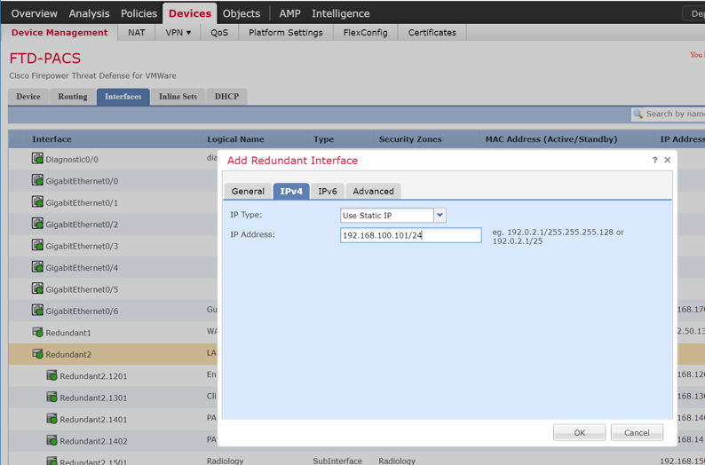 A screenshot of previously defined parameters from Step 11 of FTD Interfaces for PACS Architecture Configuration.