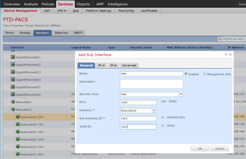 A screenshot of previously defined parameters from Step 17 of FTD Interfaces for PACS Architecture Configuration.
