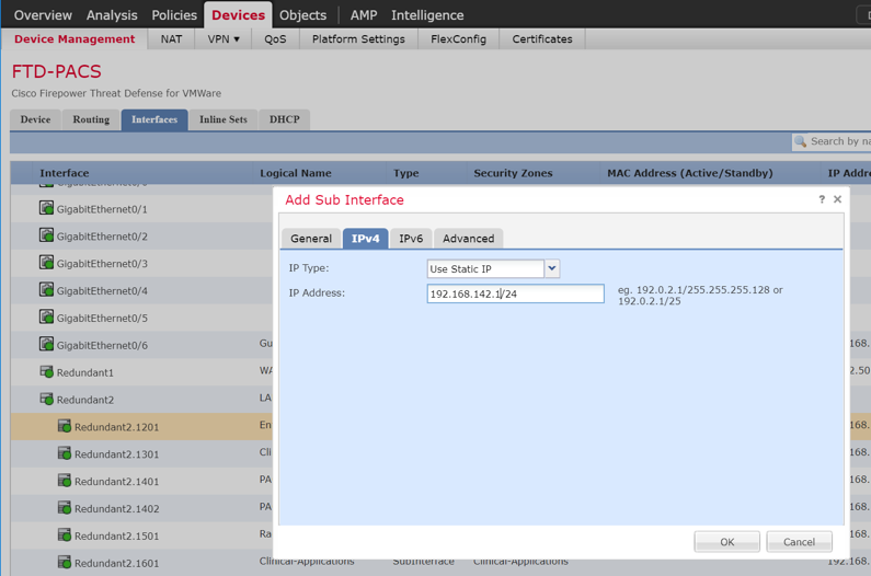 A screenshot of previously defined parameters from Step 20 of FTD Interfaces for PACS Architecture Configuration.
