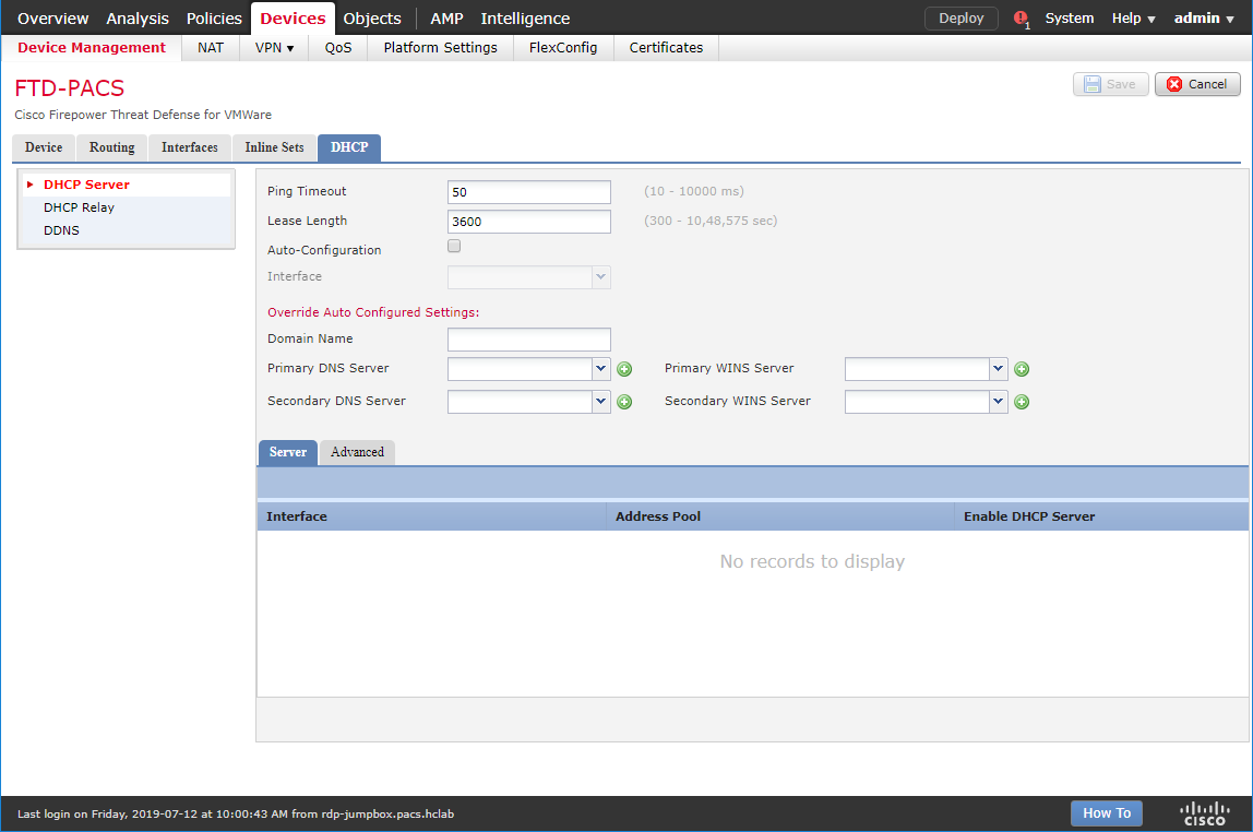 A screenshot of default parameters from Step 4 of DHCP Relay Through Cisco Firepower Management Center Configuration.
