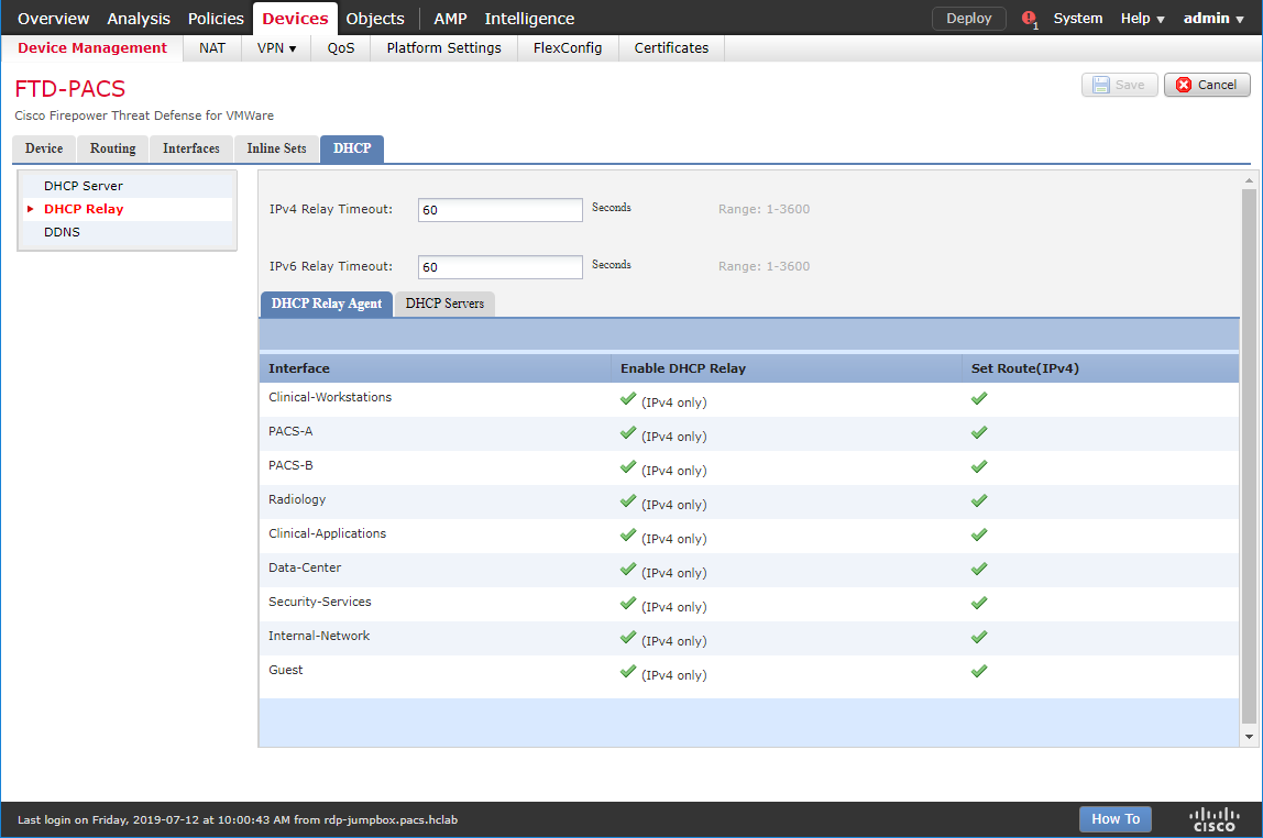 A screenshot of default parameters from Step 5 of DHCP Relay Through Cisco Firepower Management Center Configuration.