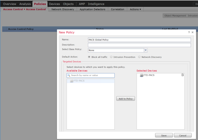 A screenshot of previously defined parameters from Step 7 of Access Control Policy Through Firepower Management Center Configuration.