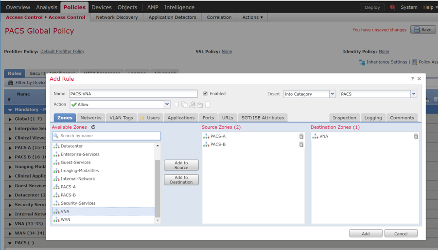 A screenshot of previously defined parameters from Step 5 of Create a Rule that Allows Application Traffic Between Security Zones.