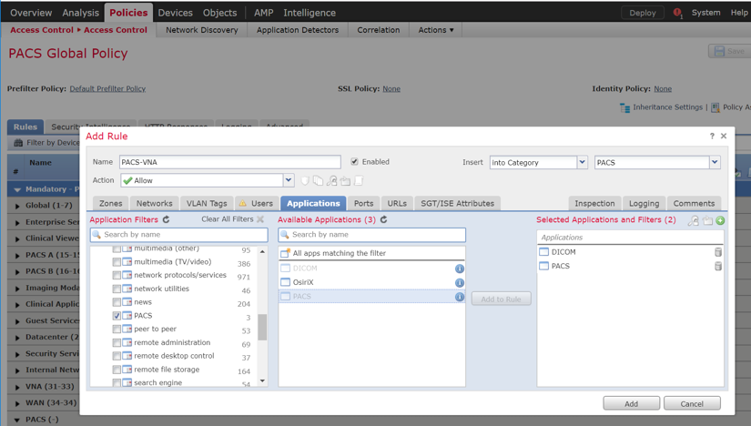 A screenshot of previously defined parameters from Step 7 of Create a Rule that Allows Application Traffic Between Security Zones.
