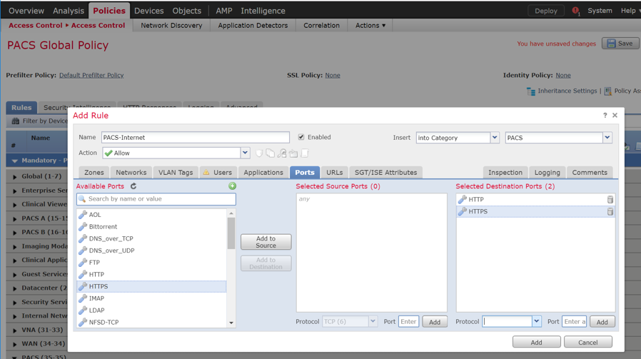 A screenshot of previously defined parameters from Step 6 of Create a Rule that Allows Traffic on a Specific Port Between Networks.