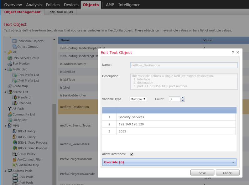 A screenshot of previously defined parameters from Step 11 of Configure NetFlow Parameters for Cisco Firepower.