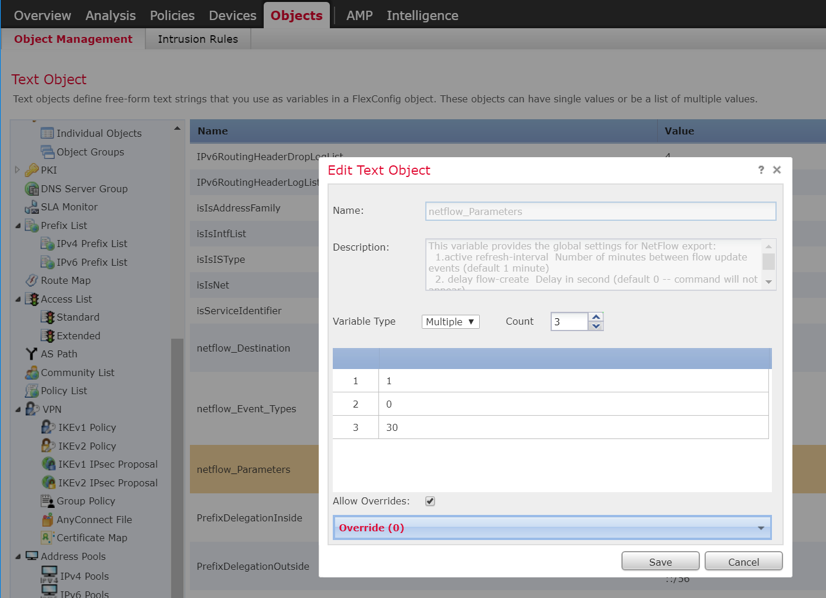 A screenshot of previously defined parameters from Step 19 of Configure NetFlow Parameters for Cisco Firepower.