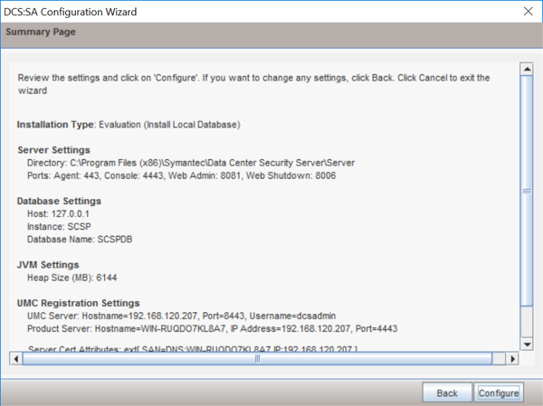 A screenshot of the Summary Page from the DCS:SA Configuration Wizard.