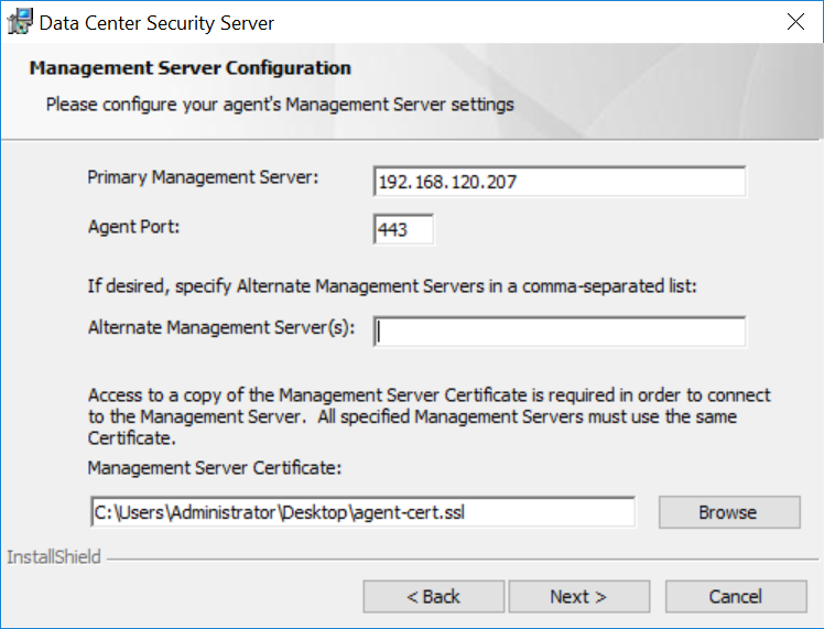 A screenshot of previously defined parameters from Step 8 of Symantec Datacenter Security Windows Agent Install.