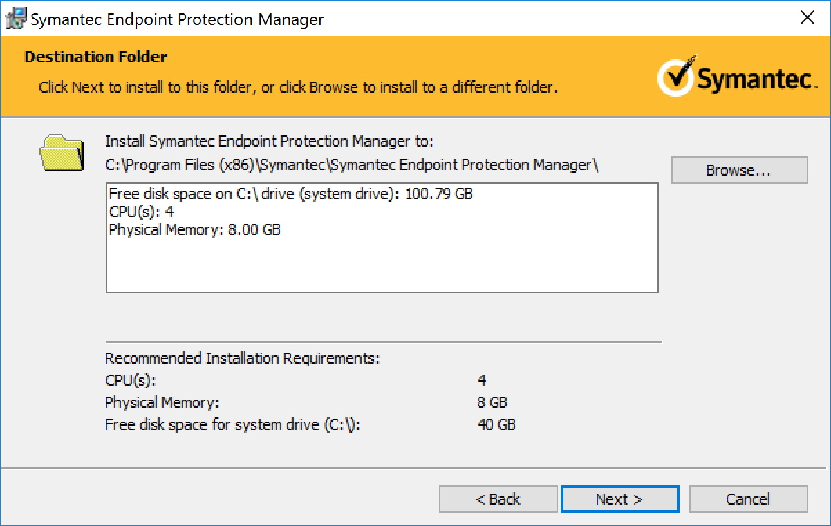A screenshot of default parameters from Step 6 of Symantec Endpoint Protection Manager Installation.