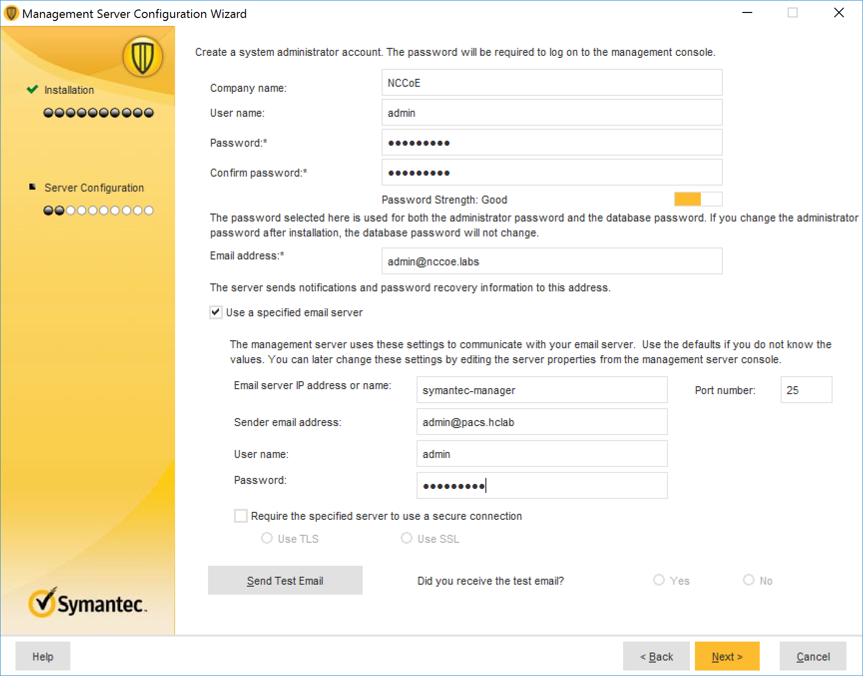 A screenshot of previously defined parameters from Step 10 of Symantec Endpoint Protection Manager Installation.