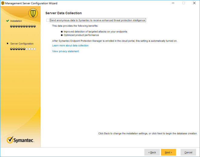 A screenshot of previously defined parameters from Step 12 of Symantec Endpoint Protection Manager Installation.