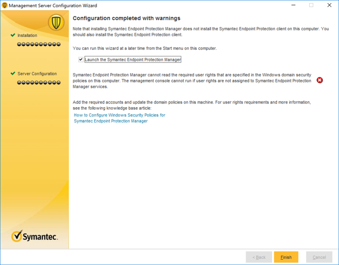 A screenshot of previously defined parameters from Step 13 of Symantec Endpoint Protection Manager Installation.