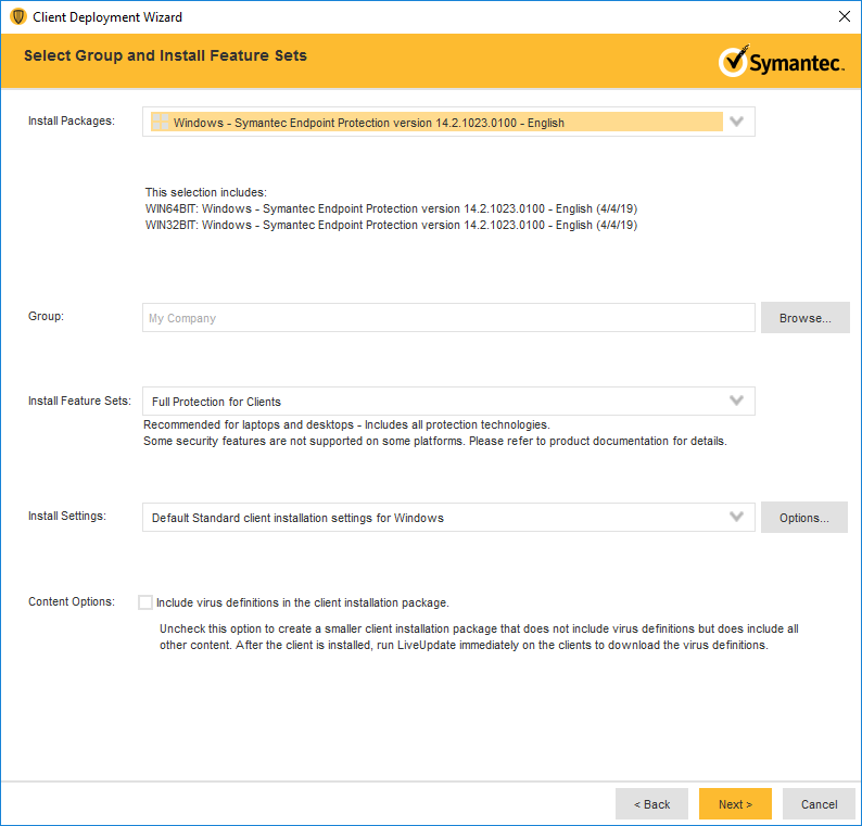 A screenshot of previously defined parameters from Step 4 of Symantec Endpoint Protection Host Windows Installation.