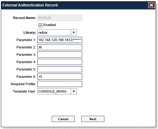 A screenshot of previously defined parameters from Step 7 of TDi ConsoleWorks Radius Authentication Configuration.