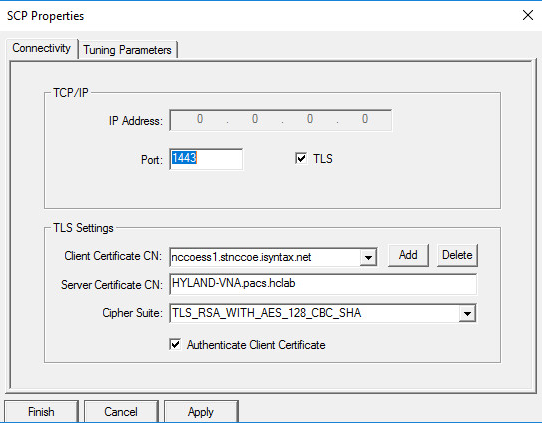 A screenshot of previously defined parameters from Step 3 of TLS Configuration for Hyland Acuo VNA.